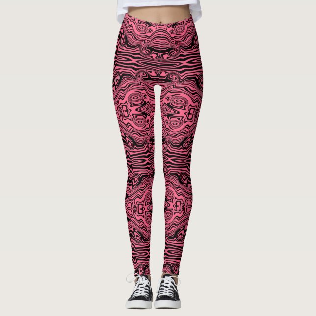 Black Pink Wavy Striped Leggings with Custom Colou (Front)
