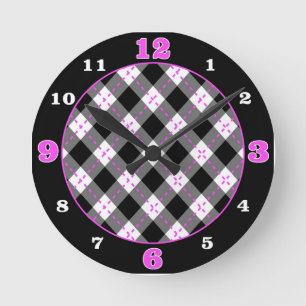 Black/Pink/White Argyle Plaid Round Clock