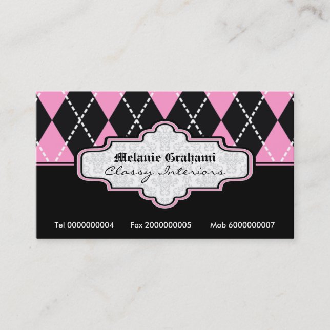 Black pink white argyle trendy business cards (Front)