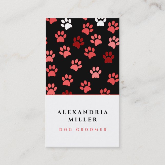 Black Pink & White Dog Paw Prints | Dog Groomer Business Card (Front)