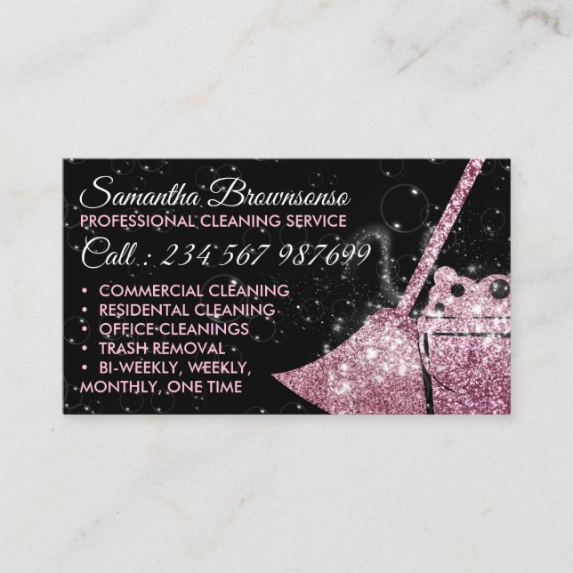Black Pink White Luxury Cleaning Maid Janitorial Business Card (Front)