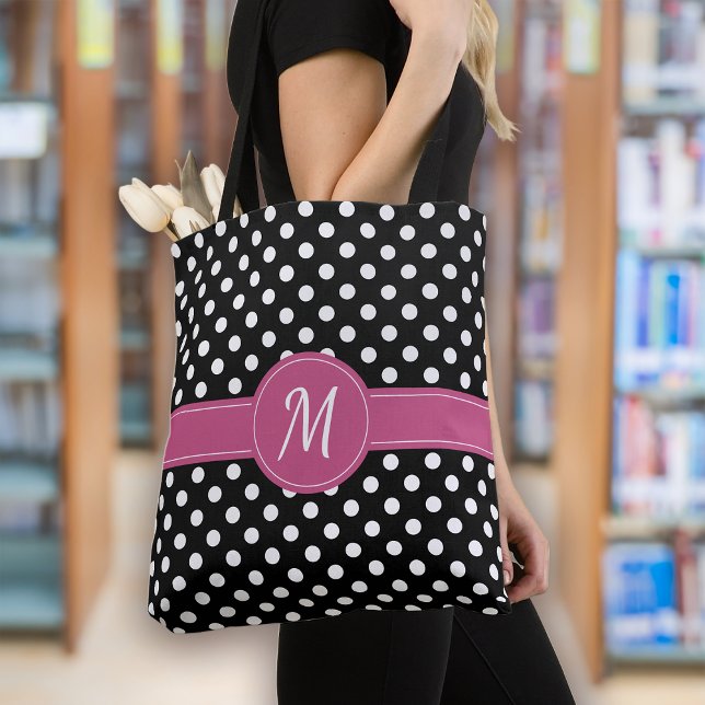 Black Pink White Monogram Polka Dots Tote Bag (Creator Uploaded)