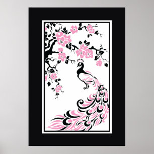 Black, pink, white peacock and cherry blossoms poster