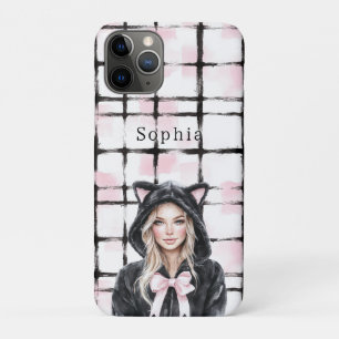 Black Pink White Plaid Stripes Blond Kitty Cat iPhone 11 Pro Case