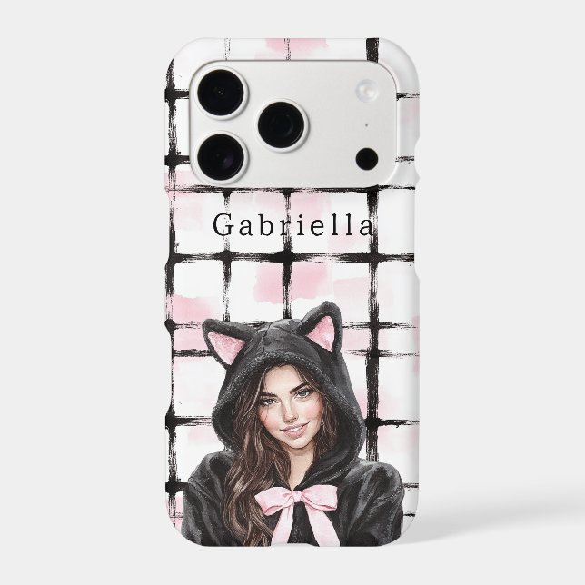 Black Pink White Plaid Stripes Brunette Kitty Cat (Back)