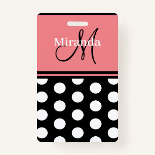 Black Pink White Polka Dots Monogram Script Badge