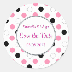 Black,pink, white polka dots Save the date Classic Round Sticker