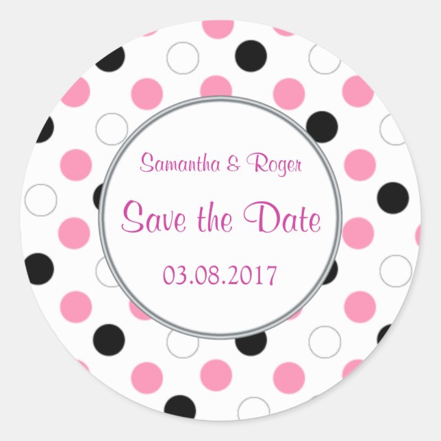 Black,pink, white polka dots Save the date Classic Round Sticker (Front)