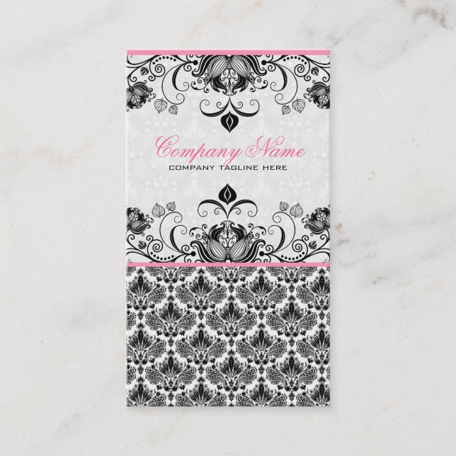 Black Pink & White Retro Floral Damasks Pattern Business Card (Front)