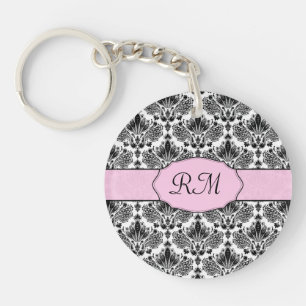 Black Pink & White Vintage Damasks Pattern Keychain