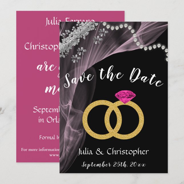 Black & Pink with Wedding Rings & Silver Save The Date (Front/Back)