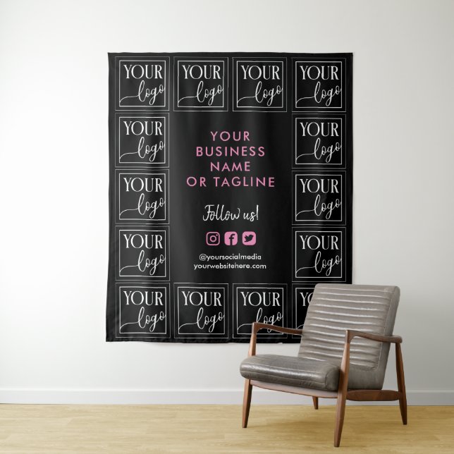 Black Pink Your Logo & Social Media Backdrop Tapestry (In Situ)