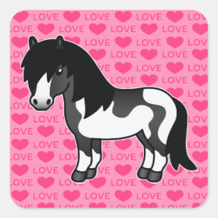 Black Pinto Cartoon Shetland Pony Love Hearts Square Sticker