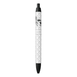 Black Pinto Cartoon Trotting Horse & Name Black Ink Pen