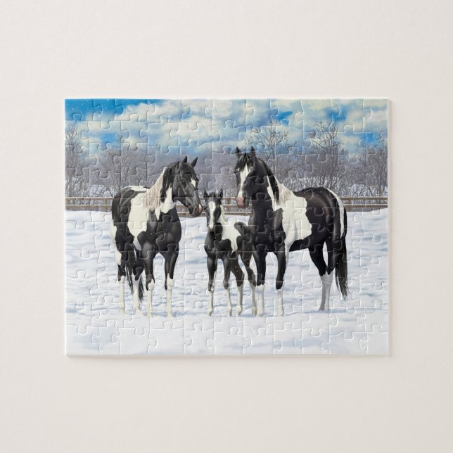 Black Pinto Paint Quarter Horses In Snow Jigsaw Puzzle (Horizontal)