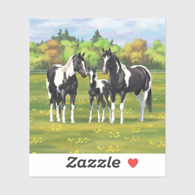 Black Pinto Paint Quarter Horses In Summer Pasture (Sheet)