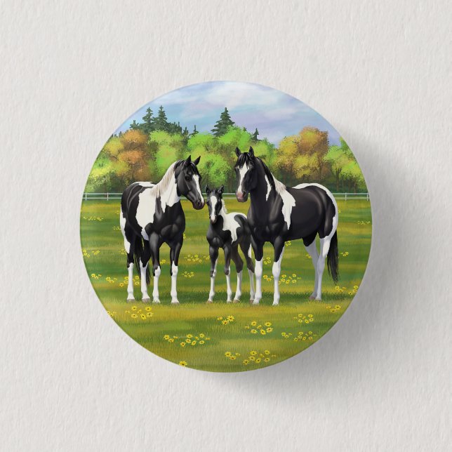 Black Pinto Paint Quarter Horses In Summer Pasture 1 Inch Round Button (Front)