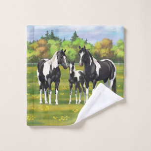 Black Pinto Paint Quarter Horses In Summer Pasture Bath Towel Set