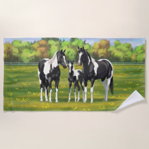 Black Pinto Paint Quarter Horses In Summer Pasture Beach Towel