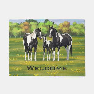 Black Pinto Paint Quarter Horses In Summer Pasture Doormat