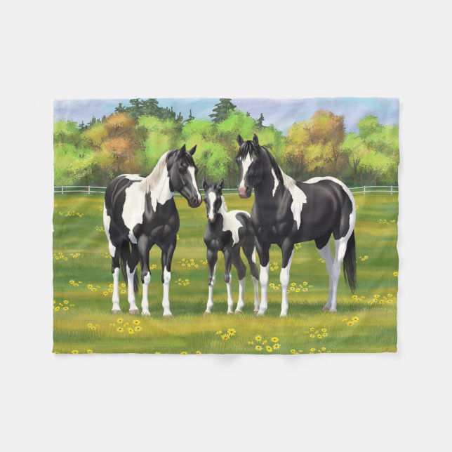 Black Pinto Paint Quarter Horses In Summer Pasture Fleece Blanket (Front (Horizontal))