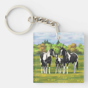 Black Pinto Paint Quarter Horses In Summer Pasture Keychain
