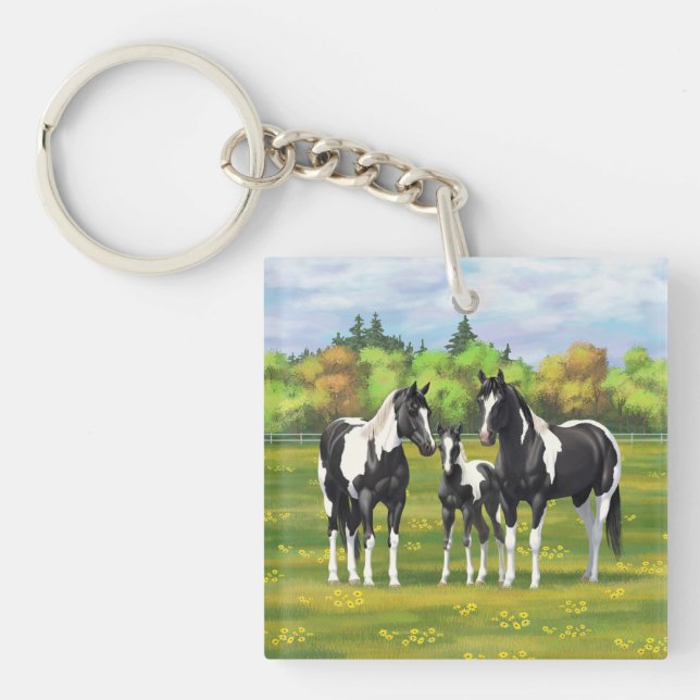 Black Pinto Paint Quarter Horses In Summer Pasture Keychain (Front)