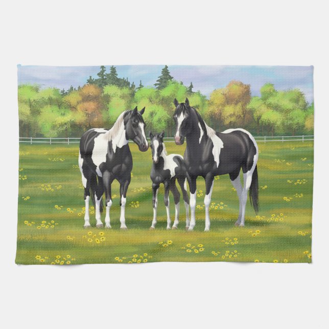 Black Pinto Paint Quarter Horses In Summer Pasture Kitchen Towel (Horizontal)