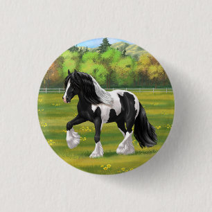 Black Pinto Piebald Gypsy Vanner Draught Horse 1 Inch Round Button