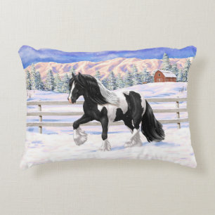 Black Pinto Piebald Gypsy Vanner Draught Horse Accent Pillow