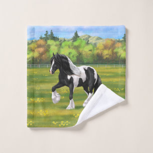Black Pinto Piebald Gypsy Vanner Draught Horse Bath Towel Set