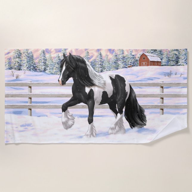 Black Pinto Piebald Gypsy Vanner Draught Horse Beach Towel (Front)