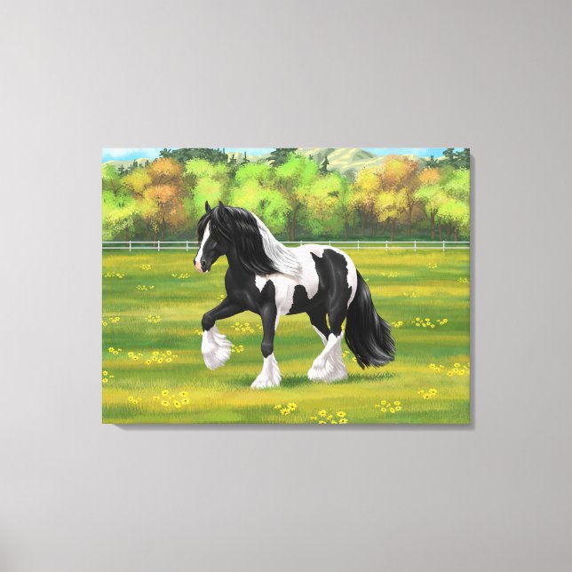 Black Pinto Piebald Gypsy Vanner Draught Horse Canvas Print (Front)