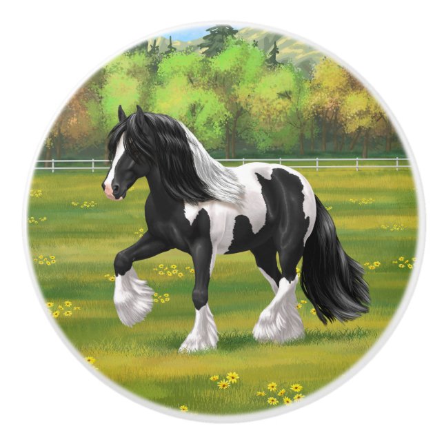 Black Pinto Piebald Gypsy Vanner Draught Horse Ceramic Knob (Front)