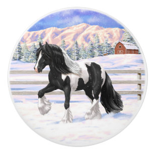 Black Pinto Piebald Gypsy Vanner Draught Horse Ceramic Knob