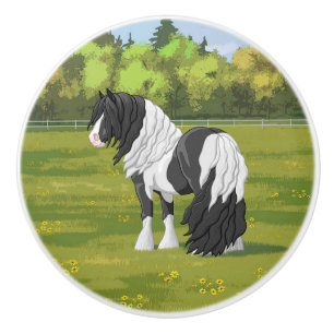 Black Pinto Piebald Gypsy Vanner Draught Horse Ceramic Knob