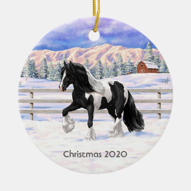 Black Pinto Piebald Gypsy Vanner Draught Horse Ceramic Ornament (Front)
