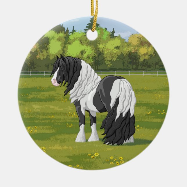 Black Pinto Piebald Gypsy Vanner Draught Horse Ceramic Ornament (Front)