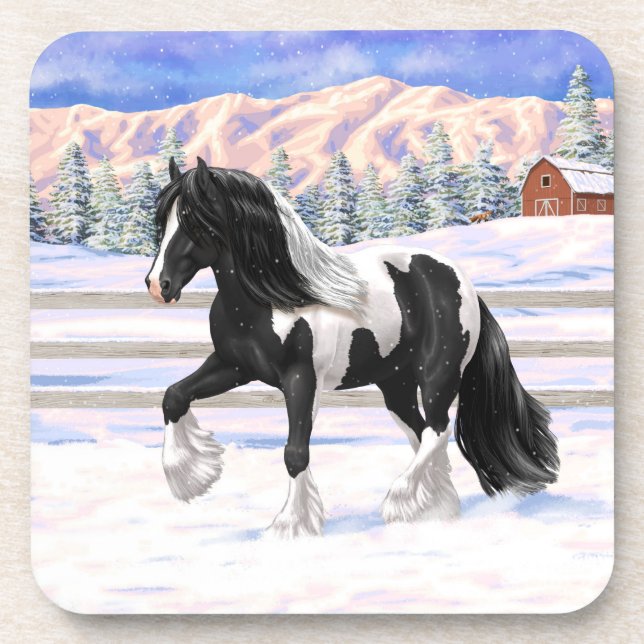Black Pinto Piebald Gypsy Vanner Draught Horse Coaster (Front)
