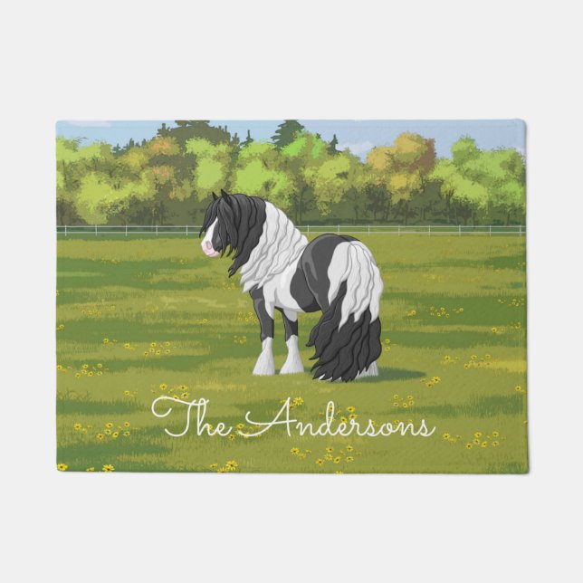 Black Pinto Piebald Gypsy Vanner Draught Horse Doormat (Front)