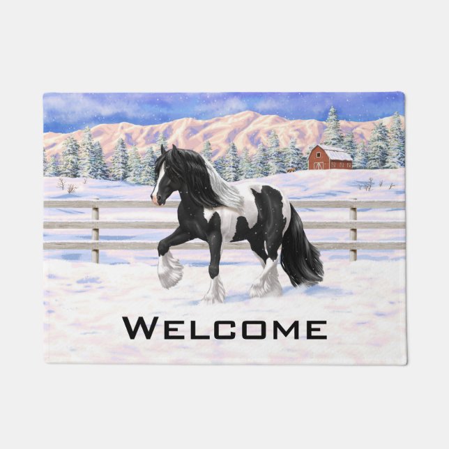 Black Pinto Piebald Gypsy Vanner Draught Horse Doormat (Front)