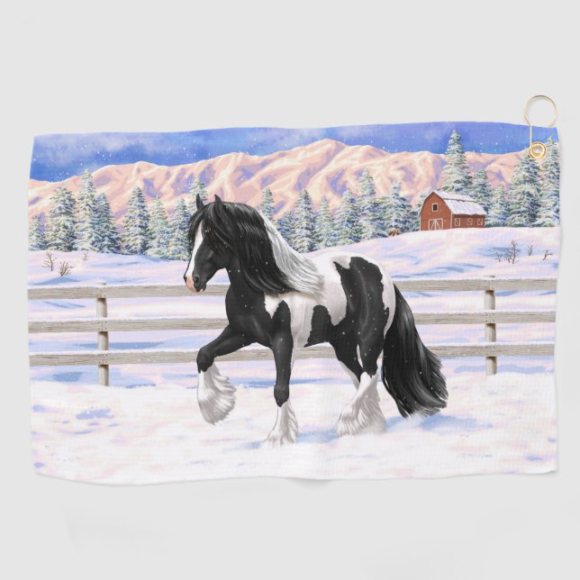 Black Pinto Piebald Gypsy Vanner Draught Horse Golf Towel (Horizontal)