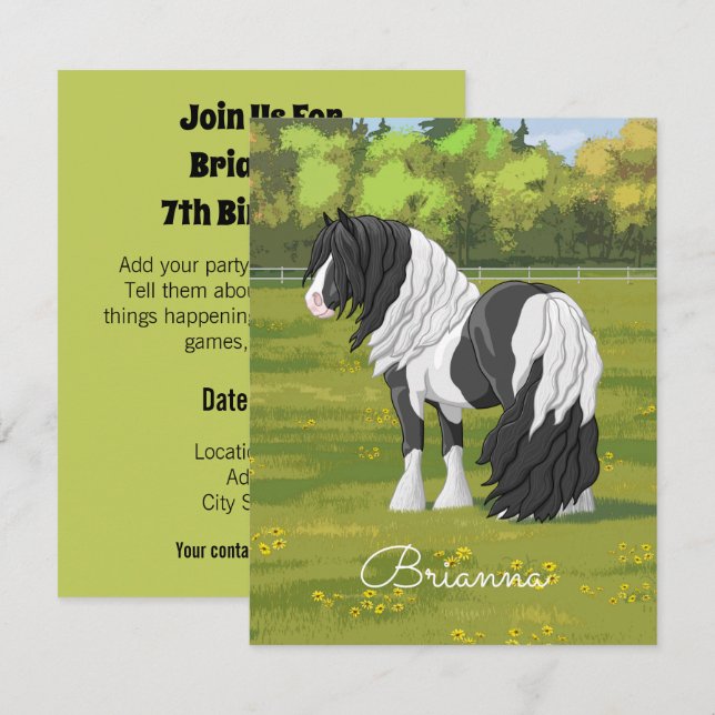Black Pinto Piebald Gypsy Vanner Draught Horse Invitation (Front/Back)