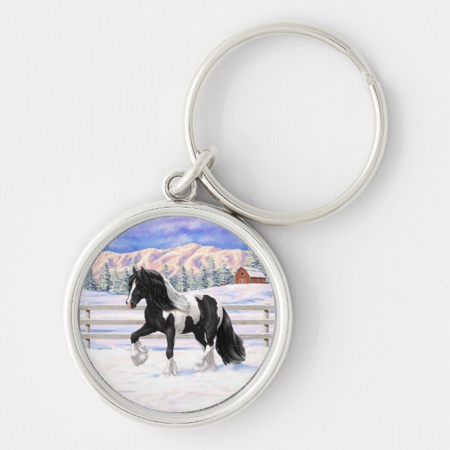 Black Pinto Piebald Gypsy Vanner Draught Horse Keychain (Front)