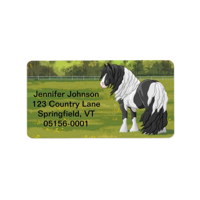Black Pinto Piebald Gypsy Vanner Draught Horse Label (Front)