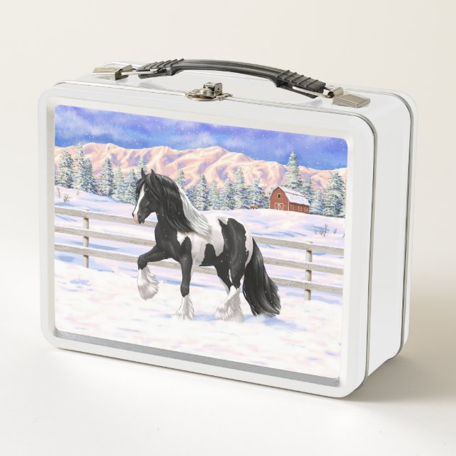 Black Pinto Piebald Gypsy Vanner Draught Horse Metal Lunch Box (Front)