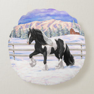 Black Pinto Piebald Gypsy Vanner Draught Horse Round Pillow