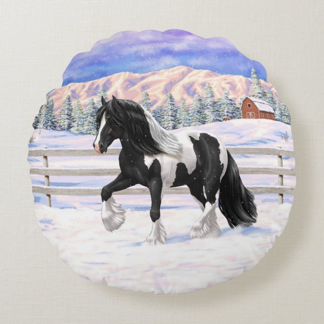 Black Pinto Piebald Gypsy Vanner Draught Horse Round Pillow (Front)