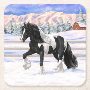 Black Pinto Piebald Gypsy Vanner Draught Horse Square Paper Coaster