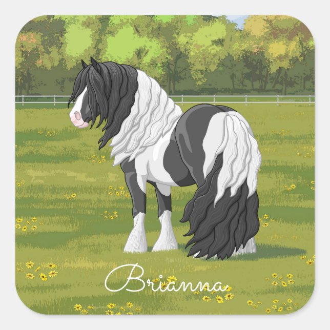 Black Pinto Piebald Gypsy Vanner Draught Horse Square Sticker (Front)